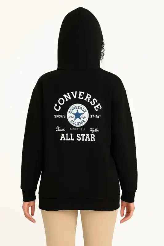 Üç İplik Kapşonlu ön Ve Arka Baskılı SweatShirt Hoodie- Siyah - 3