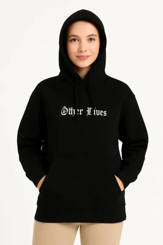 Üç İplik Kapşonlu ön Ve Arka Baskılı SweatShirt Hoodie- Siyah - 1