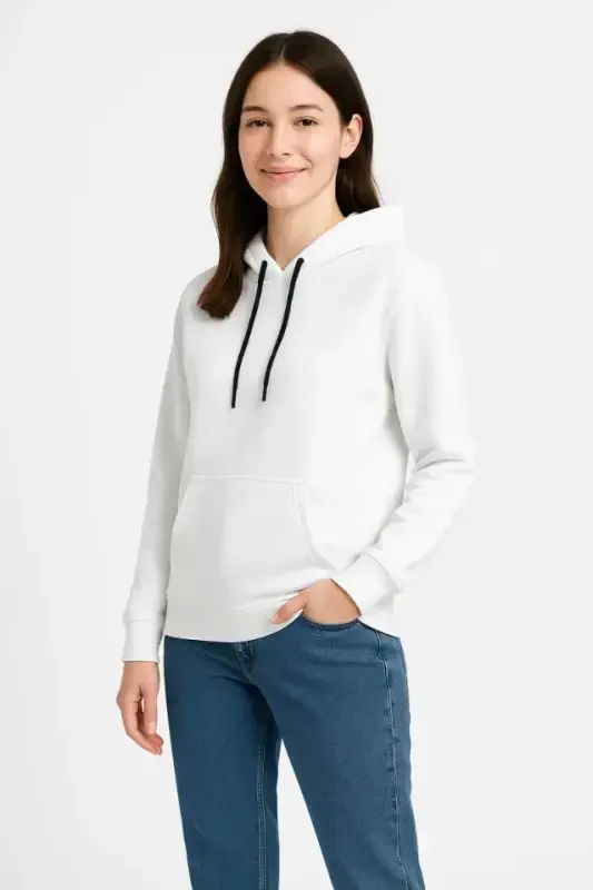 Üç İplik Kapüşonlu Kanguru Çepli SweatShirt Hoodie - Beyaz - 3