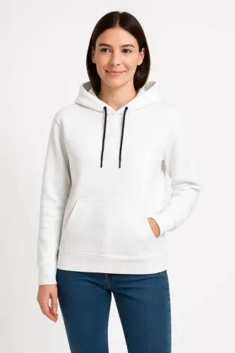 Üç İplik Kapüşonlu Kanguru Çepli SweatShirt Hoodie - Beyaz - 1