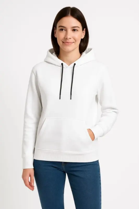 Üç İplik Kapüşonlu Kanguru Çepli SweatShirt Hoodie - Beyaz - 1