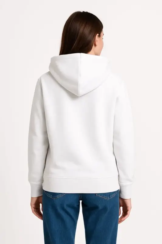 Üç İplik Kapüşonlu Kanguru Çepli SweatShirt Hoodie - Beyaz - 2