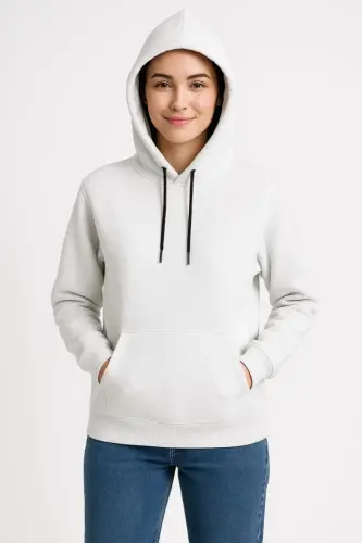 Üç İplik Kapüşonlu Kanguru Çepli SweatShirt Hoodie - Beyaz - 4