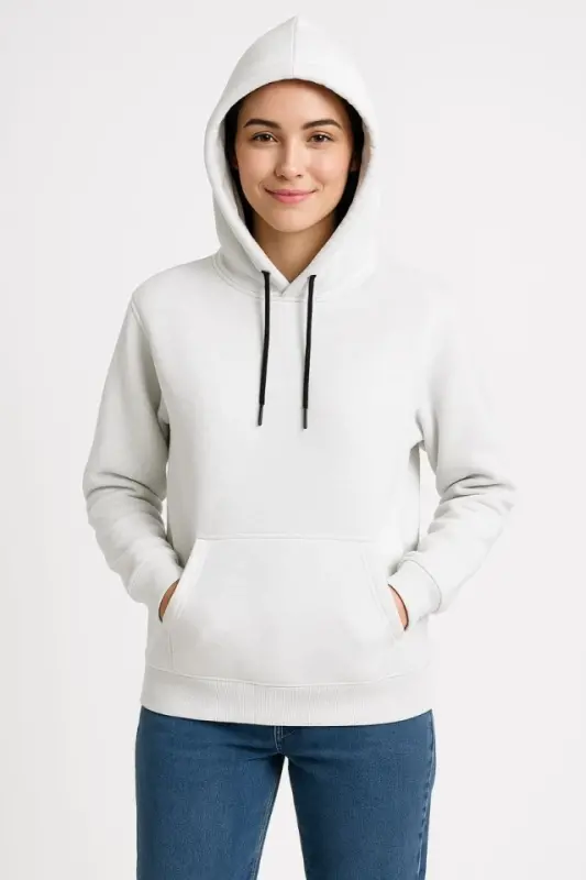 Üç İplik Kapüşonlu Kanguru Çepli SweatShirt Hoodie - Beyaz - 4