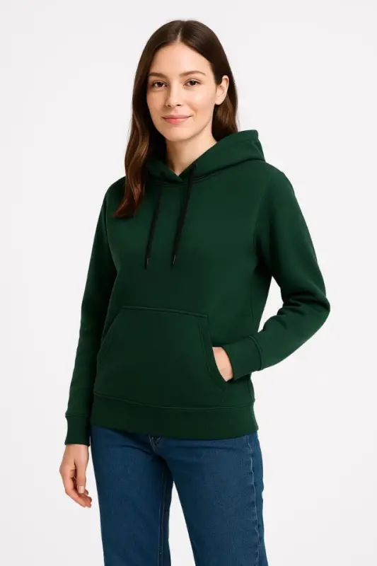 Üç İplik Kapüşonlu Kanguru Çepli SweatShirt Hoodie - Haki - BÜYÜKBEDENIZ