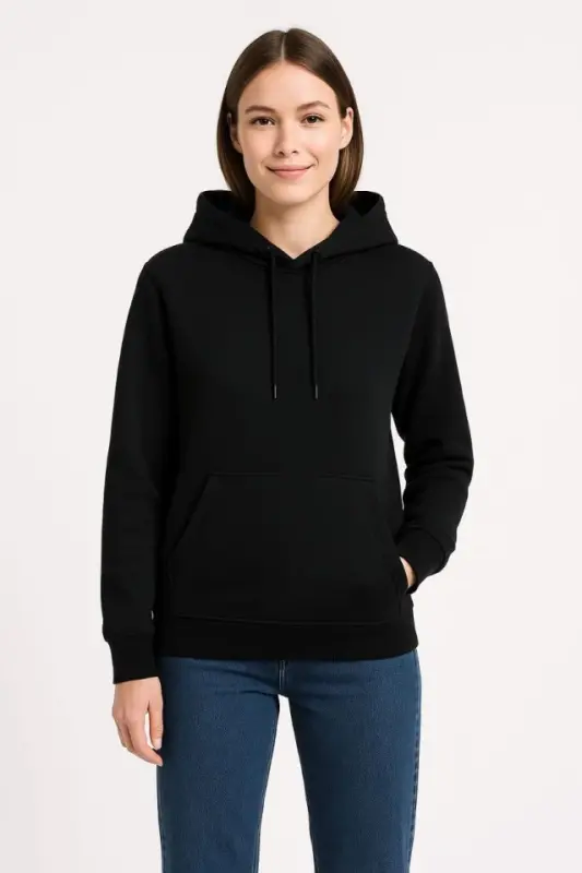 Üç İplik Kapüşonlu Kanguru Çepli SweatShirt Hoodie - Siyah - 1
