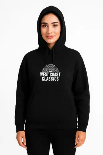 Üç İplik Kapüşonlu Ön Ve Arka Baskılı SweatShirt Hoodie - Siyah - 1