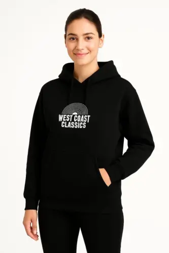 Üç İplik Kapüşonlu Ön Ve Arka Baskılı SweatShirt Hoodie - Siyah - BÜYÜKBEDENIZ (1)