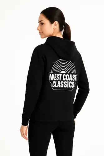 Üç İplik Kapüşonlu Ön Ve Arka Baskılı SweatShirt Hoodie - Siyah - 3
