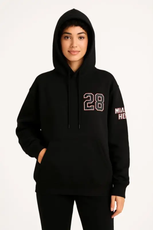 Üç İplik Kapüşonlu Ön Ve Arka Baskılı SweatShirt Hoodie - Siyah - BÜYÜKBEDENIZ