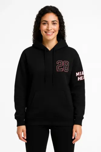 Üç İplik Kapüşonlu Ön Ve Arka Baskılı SweatShirt Hoodie - Siyah - BÜYÜKBEDENIZ (1)