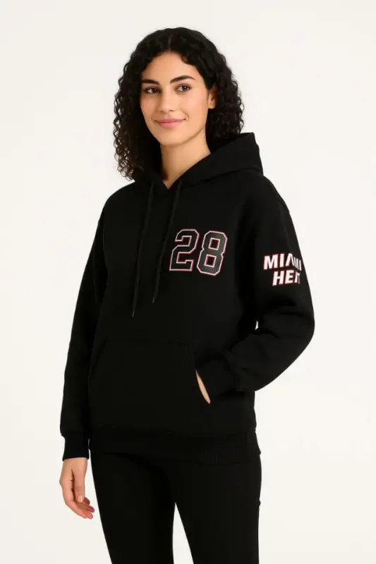 Üç İplik Kapüşonlu Ön Ve Arka Baskılı SweatShirt Hoodie - Siyah - 4