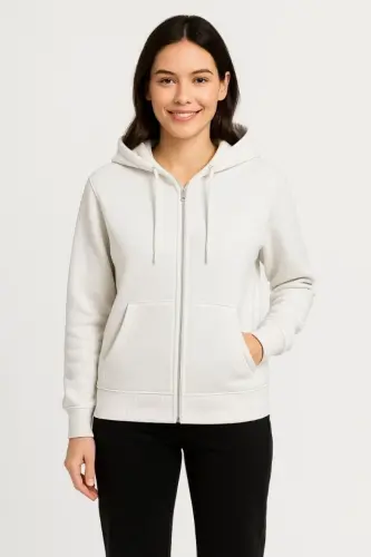 Üç İplik Kapüşonlu Tam Fermuarlı Kanguru Çepli SweatShirt Hoodie - Beyaz - 4