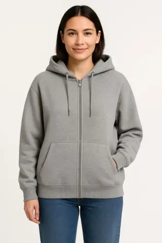 Üç İplik Kapüşonlu Tam Fermuarlı Kanguru Çepli SweatShirt Hoodie - Gri - 1