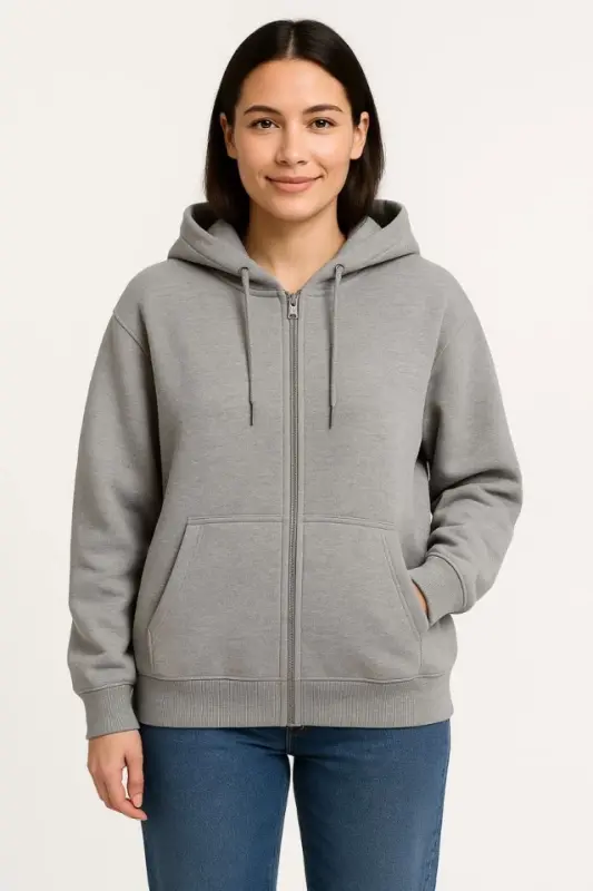 Üç İplik Kapüşonlu Tam Fermuarlı Kanguru Çepli SweatShirt Hoodie - Gri - 1