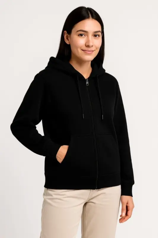 Üç İplik Kapüşonlu Tam Fermuarlı Kanguru Çepli SweatShirt Hoodie - Siyah - BÜYÜKBEDENIZ