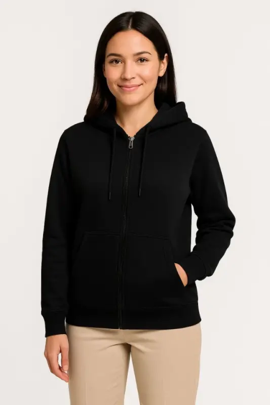 Üç İplik Kapüşonlu Tam Fermuarlı Kanguru Çepli SweatShirt Hoodie - Siyah - 2