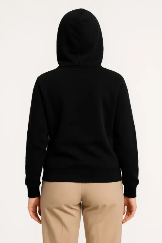 Üç İplik Kapüşonlu Tam Fermuarlı Kanguru Çepli SweatShirt Hoodie - Siyah - 3