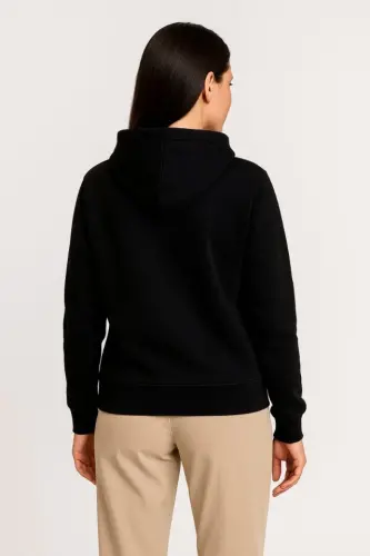 Üç İplik Kapüşonlu Tam Fermuarlı Kanguru Çepli SweatShirt Hoodie - Siyah - 4