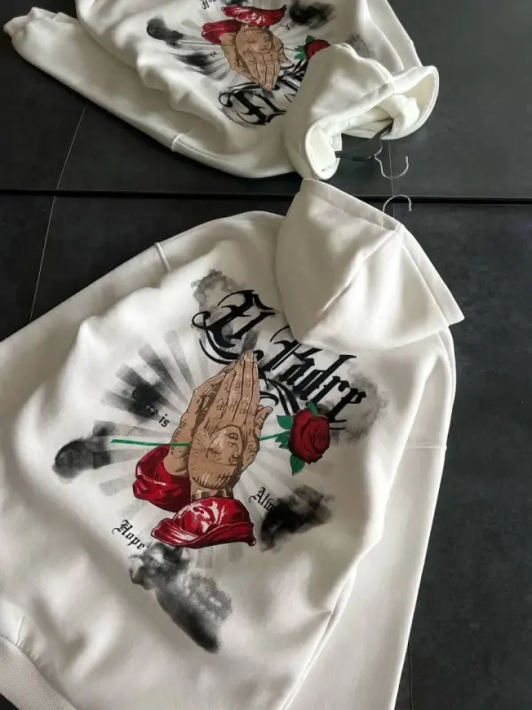 Üç İplik Penye Uzun Kol Kapşonlu Baskılı SweatShirt - Beyaz - BÜYÜKBEDENIZ
