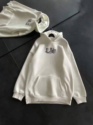 Üç İplik Penye Uzun Kol Kapşonlu Baskılı SweatShirt - Beyaz - BÜYÜKBEDENIZ (1)