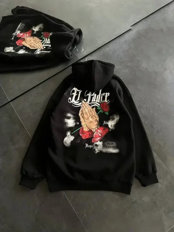 Üç İplik Penye Uzun Kol Kapşonlu Baskılı SweatShirt - Siyah - 3