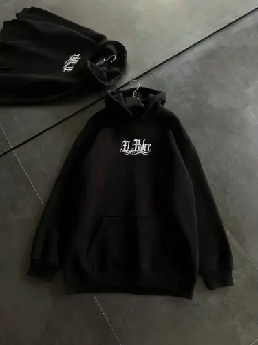Üç İplik Penye Uzun Kol Kapşonlu Baskılı SweatShirt - Siyah - 2