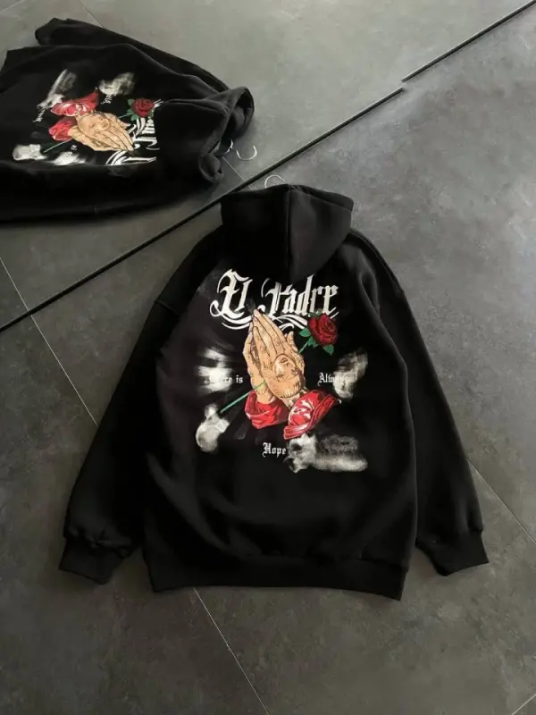 Üç İplik Penye Uzun Kol Kapşonlu Baskılı SweatShirt - Siyah - 3