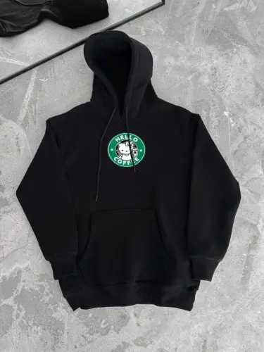 Üç İplik Penye Uzun Kol Kapşonlu SweatShirt - Siyah - 3