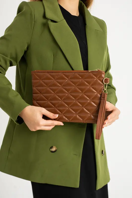 Üçgen Desenli Portföy Clutch El Çantası-Kahverengi - BAGFONI