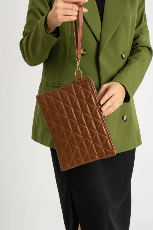 Üçgen Desenli Portföy Clutch El Çantası-Kahverengi - 2