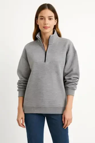 Uch ip Dik Yoqa Yarim Fermuarli Sweatshirt - Kulrang - 3