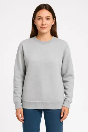 Uch Ip Düz Velosiped Yoqali Sweatshirt - Kulrang - BÜYÜKBEDENIZ (1)