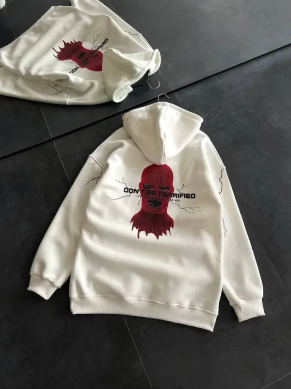 Uch Ip Kapşonli Bosqilgan Oversize SweatShirt- Oq - 2