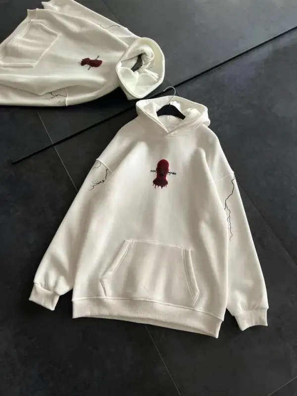 Uch Ip Kapşonli Bosqilgan Oversize SweatShirt- Oq - 3