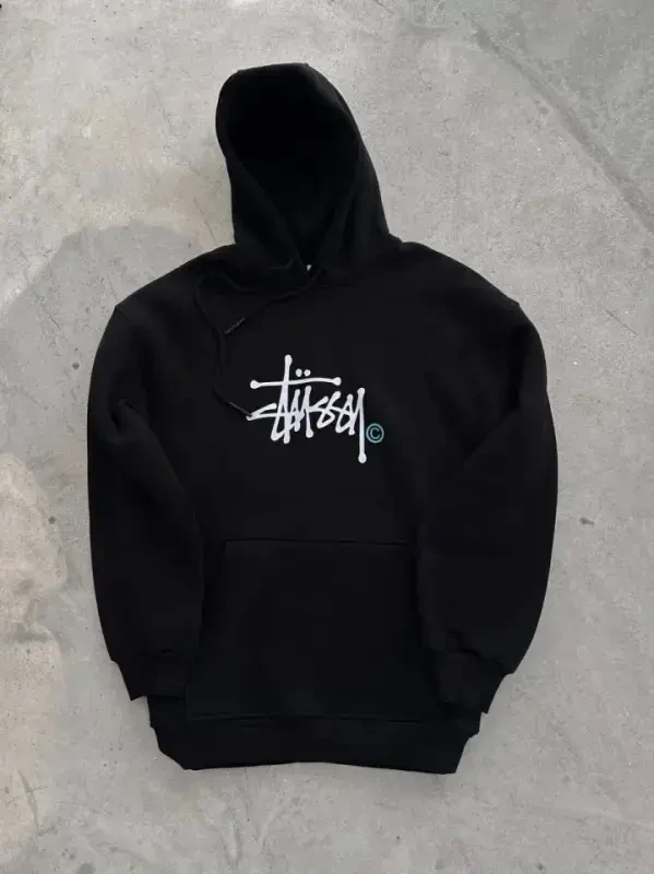 Uch ipli kapshonli bosmali svitshot - Qora - 2