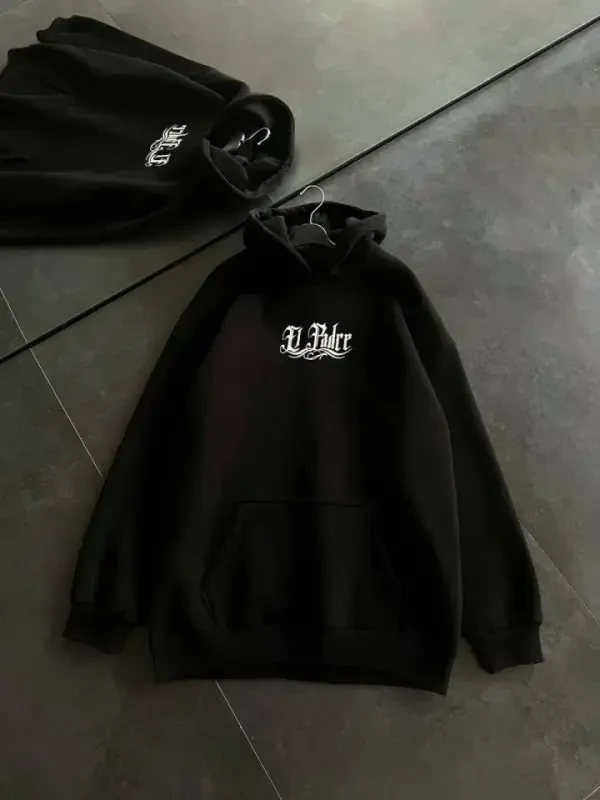 Uch iplik penye uzun qollik kapshonli bosma SweatShirt - Qora - 2