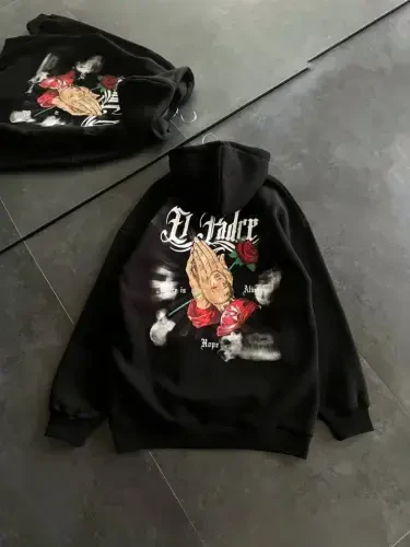 Uch iplik penye uzun qollik kapshonli bosma SweatShirt - Qora - 3