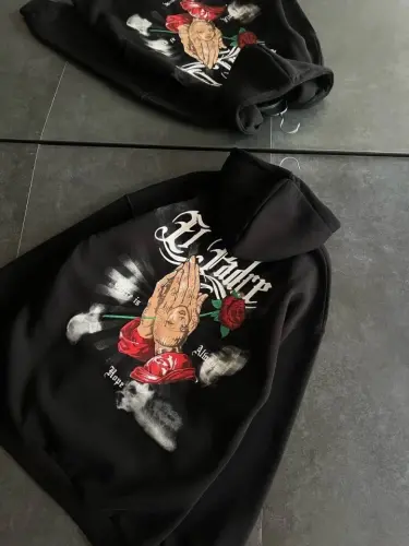 Uch iplik penye uzun qollik kapshonli bosma SweatShirt - Qora - 1