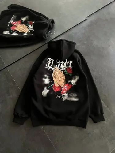 Uch iplik penye uzun qollik kapshonli bosma SweatShirt - Qora - 3