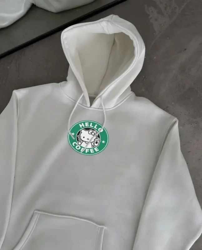 Uch iplik penye uzun qollik kapshonli svitshot - Oq - 1