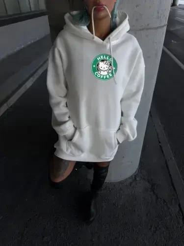 Uch iplik penye uzun qollik kapshonli svitshot - Oq - BÜYÜKBEDENIZ (1)