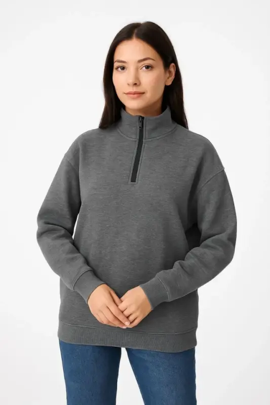 Uch iplik tik yoqa yarim fermuarli svitshot - Antrasit - 2