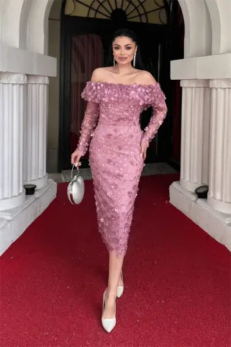 Uch o'lchamli gulli mato qayiq yoqali qalam ko'ylak - PUDRA - 1