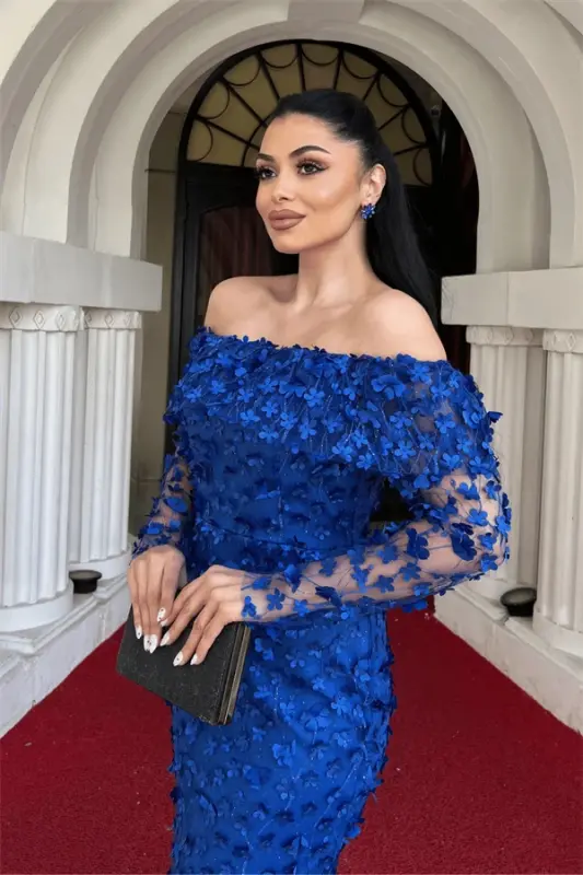 Uch o'lchamli gulli mato qayiq yoqali qalam ko'ylak - SAKS MAVIY - 4