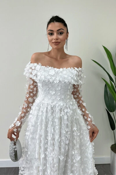 Uch o'lchamli gulli matoli qayiq yoqali midi ko'ylak - OQ - 3