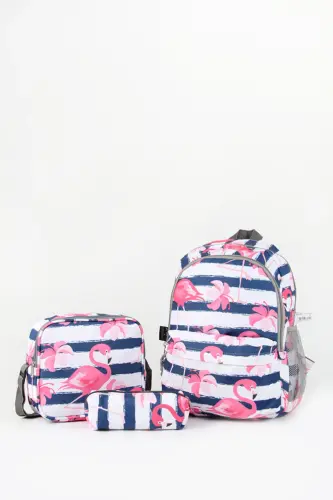 Uchlik Maktab Sumkasi Line Flamingo 3 ta Sumka To'plami-Line Flamingo 