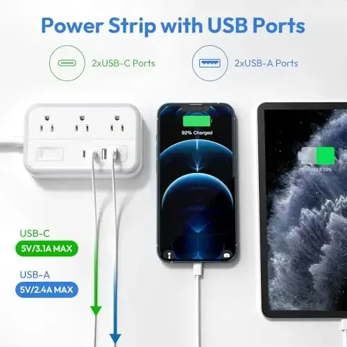 Удлинитель 15 футов, сетевой фильтр с 6 розетками и 4 портами USB, плоский штекер, настенный удлинитель, 1080 джоулей, множество розеток для домашнего офиса, общежития 