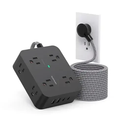 Удлинитель 20 футов, HANYCONY сетевой фильтр с 8 розетками, 4 портами USB (2 USB C), длинный шнур, плоская вилка, настенное крепление, настольная USB зарядная станция для дома и офиса - 1
