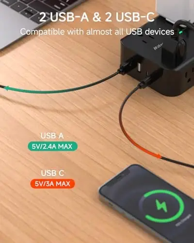 Удлинитель 20 футов, сетевой фильтр с 8 широкими розетками, 4 порта USB, плоская вилка, настенный, защита от перегрузки, для дома, офиса, квартиры, общежития - 3